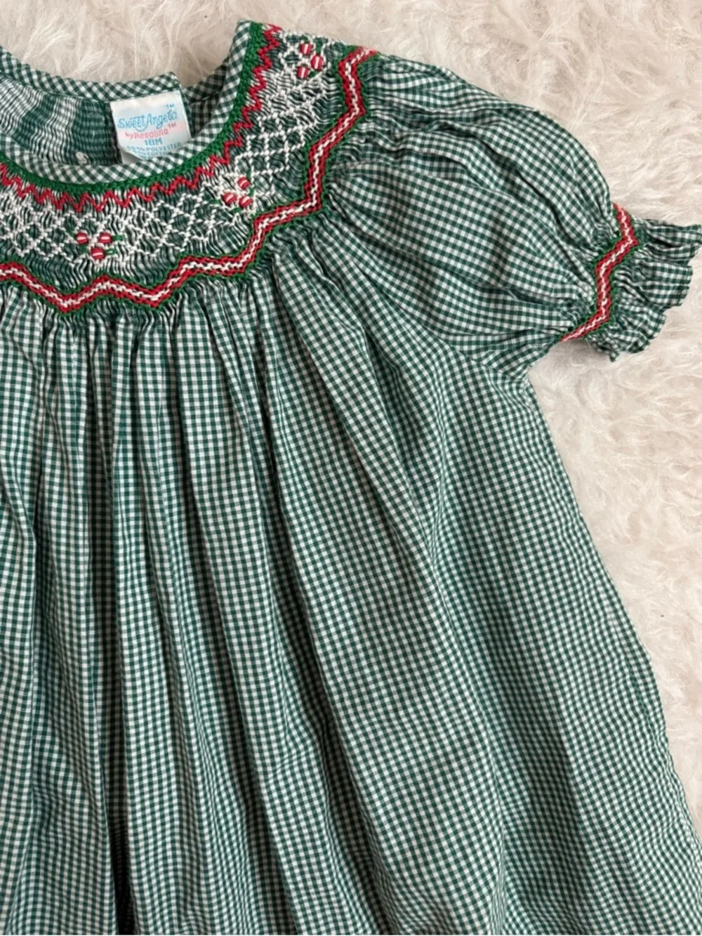 Vintage Baby Girl Smocked Green Gingham Girls' Festive Dress